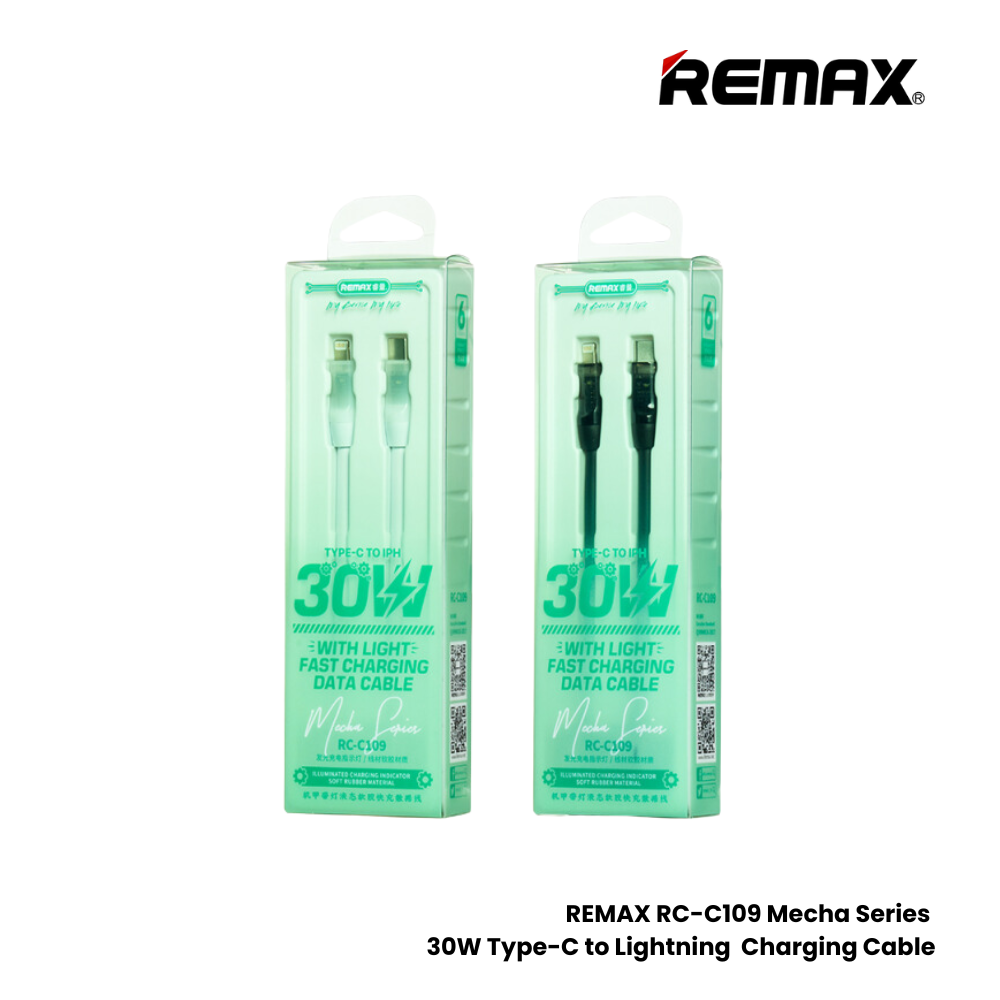 30W ( C to Lightning )-REMAX RC-C109 C-L Mecha Series 30W Type-C to Lightning Fast Charging Data Cable - Black