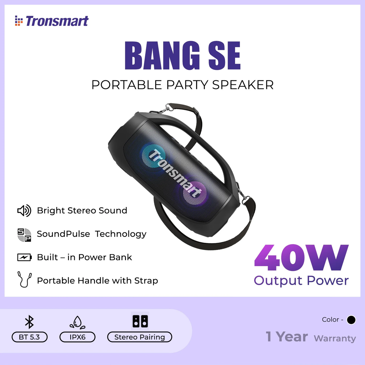 TRANSMART Bang SE 40W Portable Wireless Bluetooth Outdoor Speaker - Black