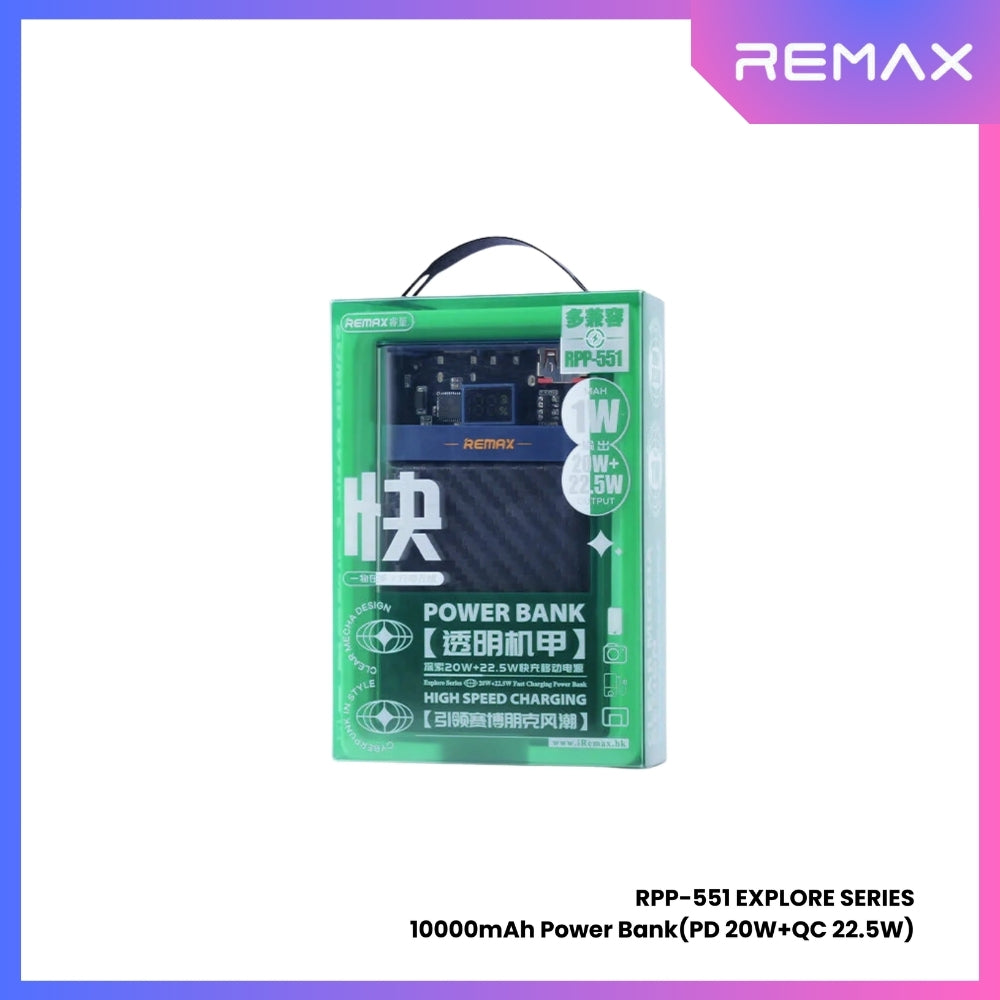 REMAX RPP-551 Explore Series PD+QC Fast Charging Power Bank(PD 20W+QC 22.5W) - Blue
