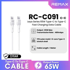 65W ( C to C )-REMAX RC-C091 C-C Leya Series 65W Type-C to Type-C Fast Charging PD Charging Data Cable - White