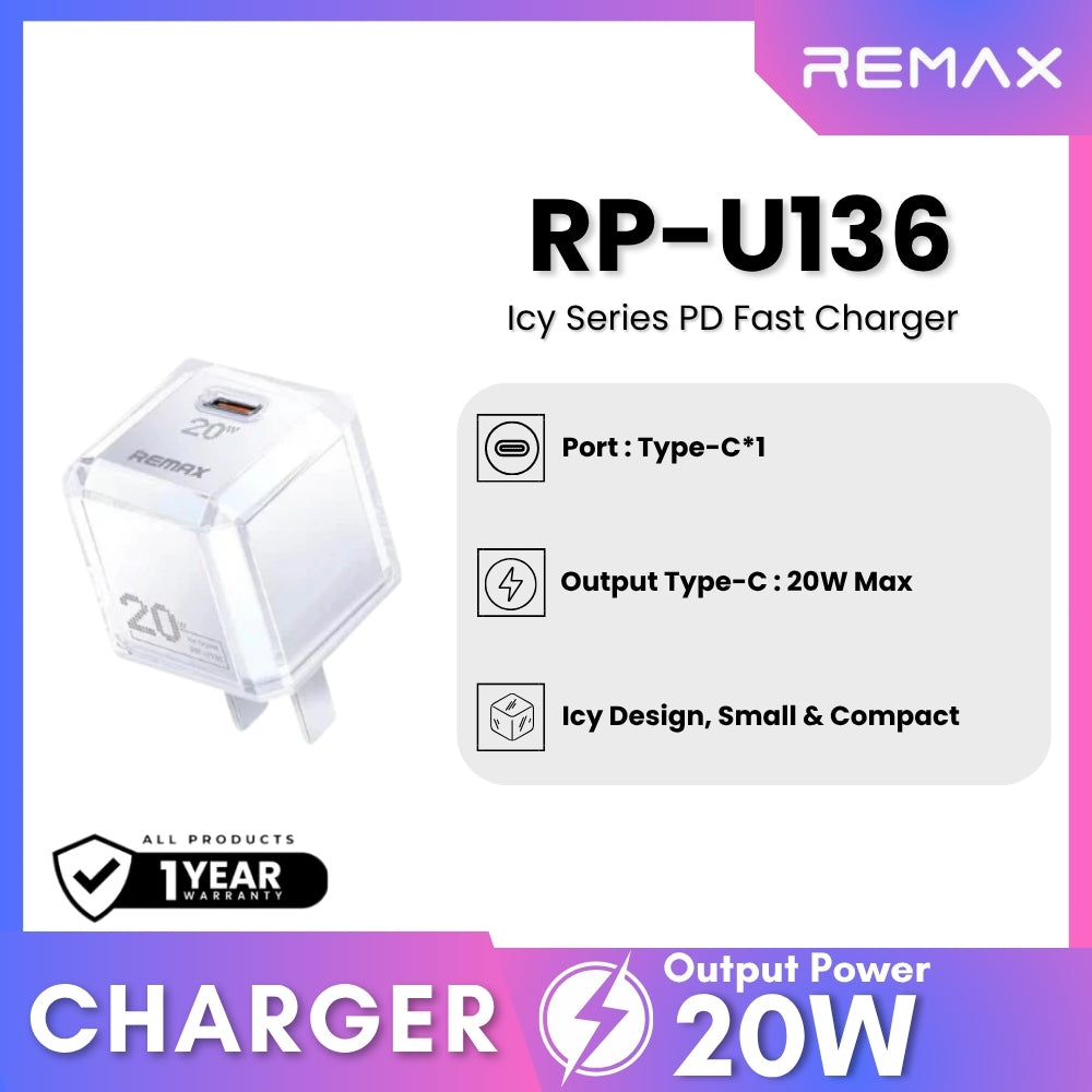 REMAX - RP-U136 Icy Series PD Fast Charger (20W) - White