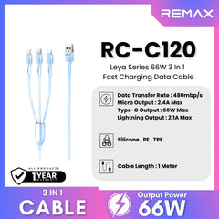REMAX - RC-C120 Leya Series 3 In 1 Liquid Silicone Fast Charging Data Cable (66W) - Blue