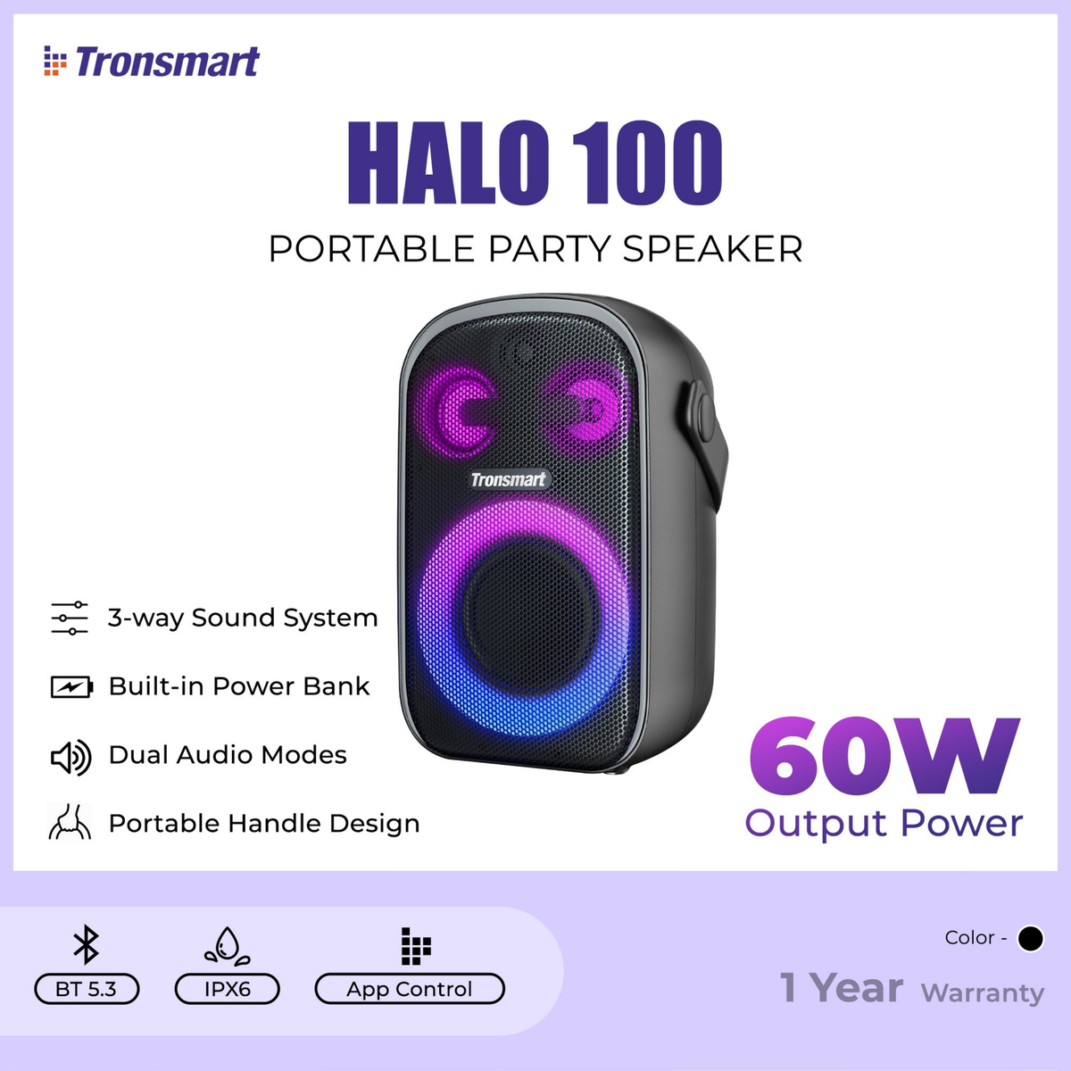 TRONSMART Halo 100 60W Portable Wireless Bluetooth Outdoor Speaker - Black