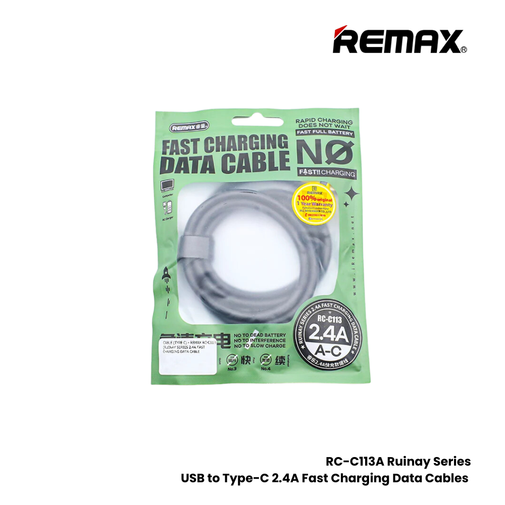 2.4A ( Type-C )-REMAX RC-C113A Ruinay Series 2.4A USB to Type-C Fast Charging Data Cable - White