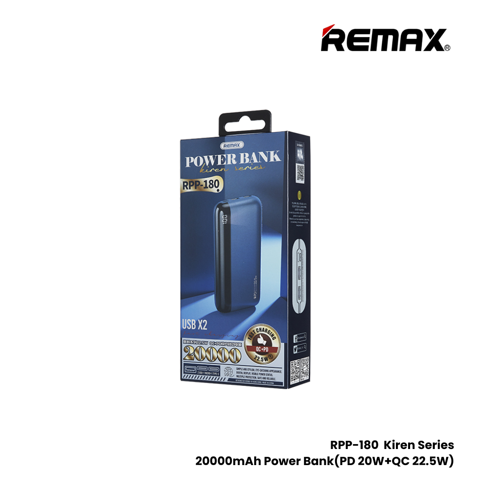 REMAX RPP-180 Kiren Series 20000mAh PD+QC Fast Charging Power Bank(PD 20W+QC 22.5W) - Blue