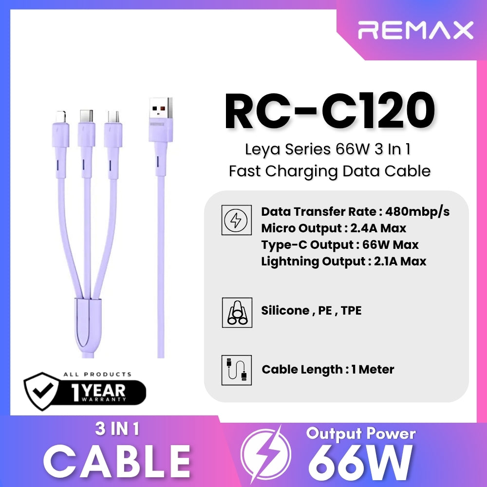 REMAX - RC-C120 Leya Series 3 In 1 Liquid Silicone Fast Charging Data Cable (66W) - Purple