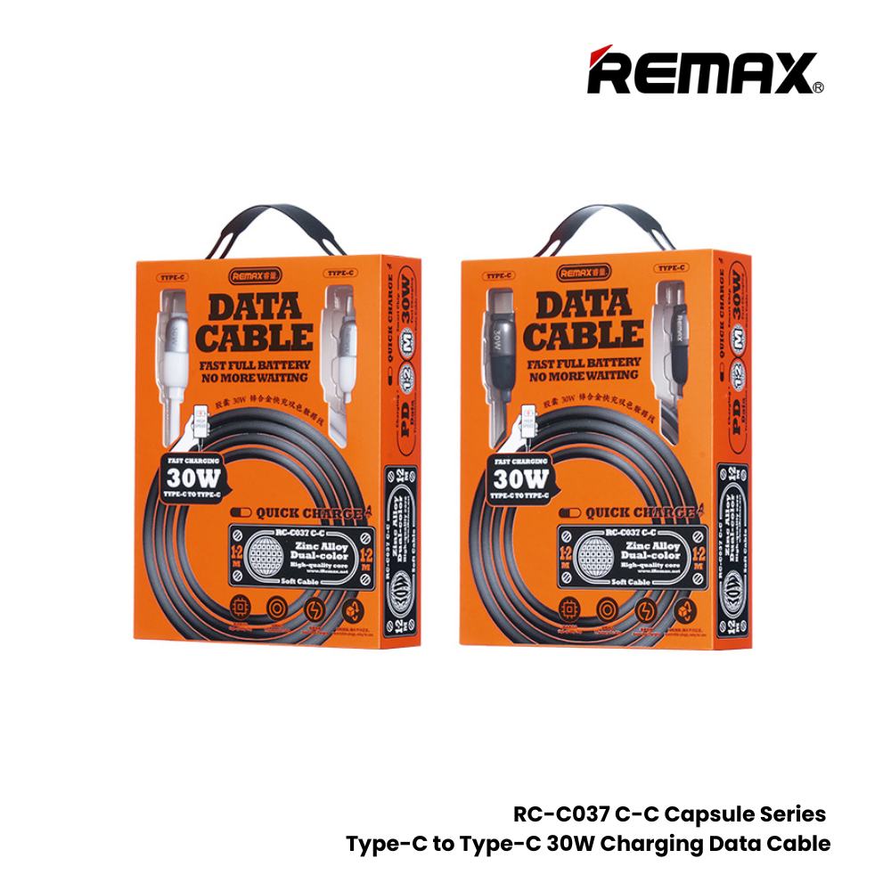 30W ( C to C )-REMAX RC-C037 C-C Capsule Series 30W Type-C to Type-C fast Charging Data Cable - White