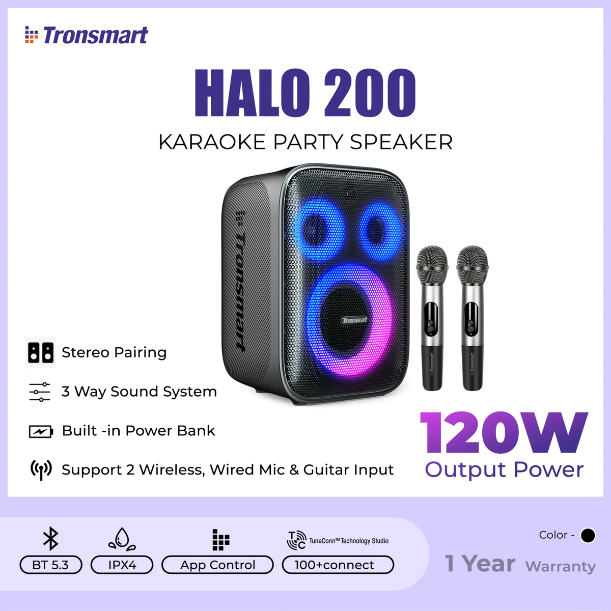 TRONSMART Halo 200 120W Portable Wireless Bluetooth Karaoke Speaker - Black