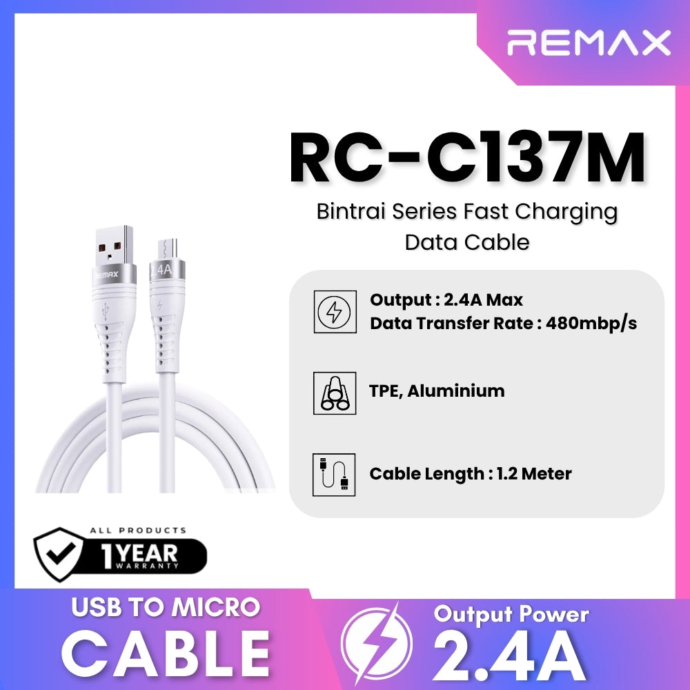 REMAX RC-C137M Bintrai Series 2.4A Fast Charging Data Cable For Micro (1.2M)