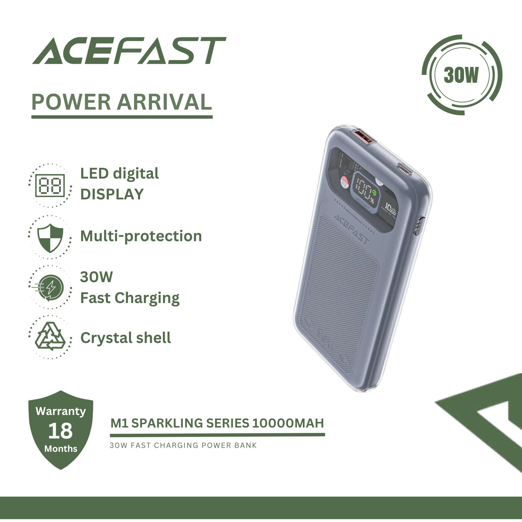 ACEFAST M1 SPARKLING SERIES 30W FAST CHARGING POWER BANK 10000MAH (MICA GREY) Power Bank (30W)