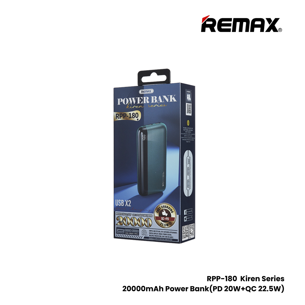 REMAX RPP-180 Kiren Series 20000mAh PD+QC Fast Charging Power Bank(PD 20W+QC 22.5W) - Black