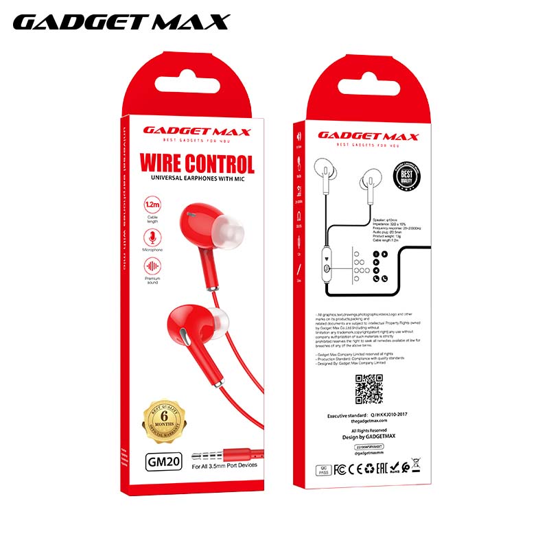GADGET MAX GM20  3.5MM EARPHONE CONTROL UNIVERSAL EARPHONES WITH MIC (1.2M) - RED