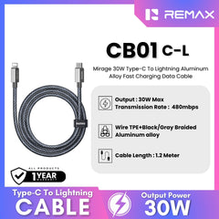 REMAX - CB01 C-L Mirage 30W Type-C To Lightning Fast Charging Data Cable - Dark Grey