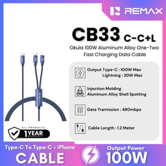 REMAX - CB33 C-C+L Okula 100W One-Two Fast Charging Data Cable (Type-C 100W+Lightning 30W) - Blue