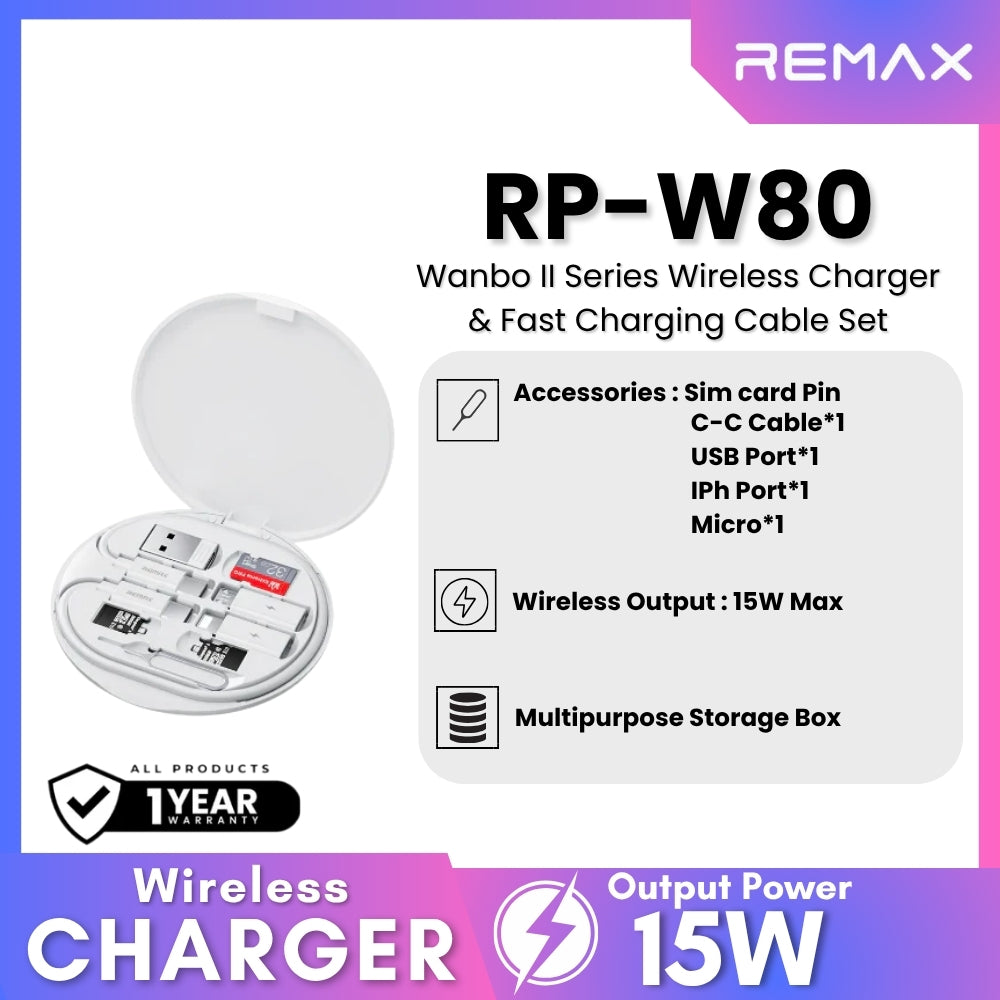 REMAX - RP-W80 Wanbo II Series Wireless Charger & Fast Charging Cable Set (15W) - White