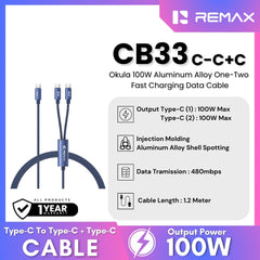 REMAX - CB33 C-C+C Okula 100W One-Two Fast Charging Data Cable (Type-C 100W ) - Blue