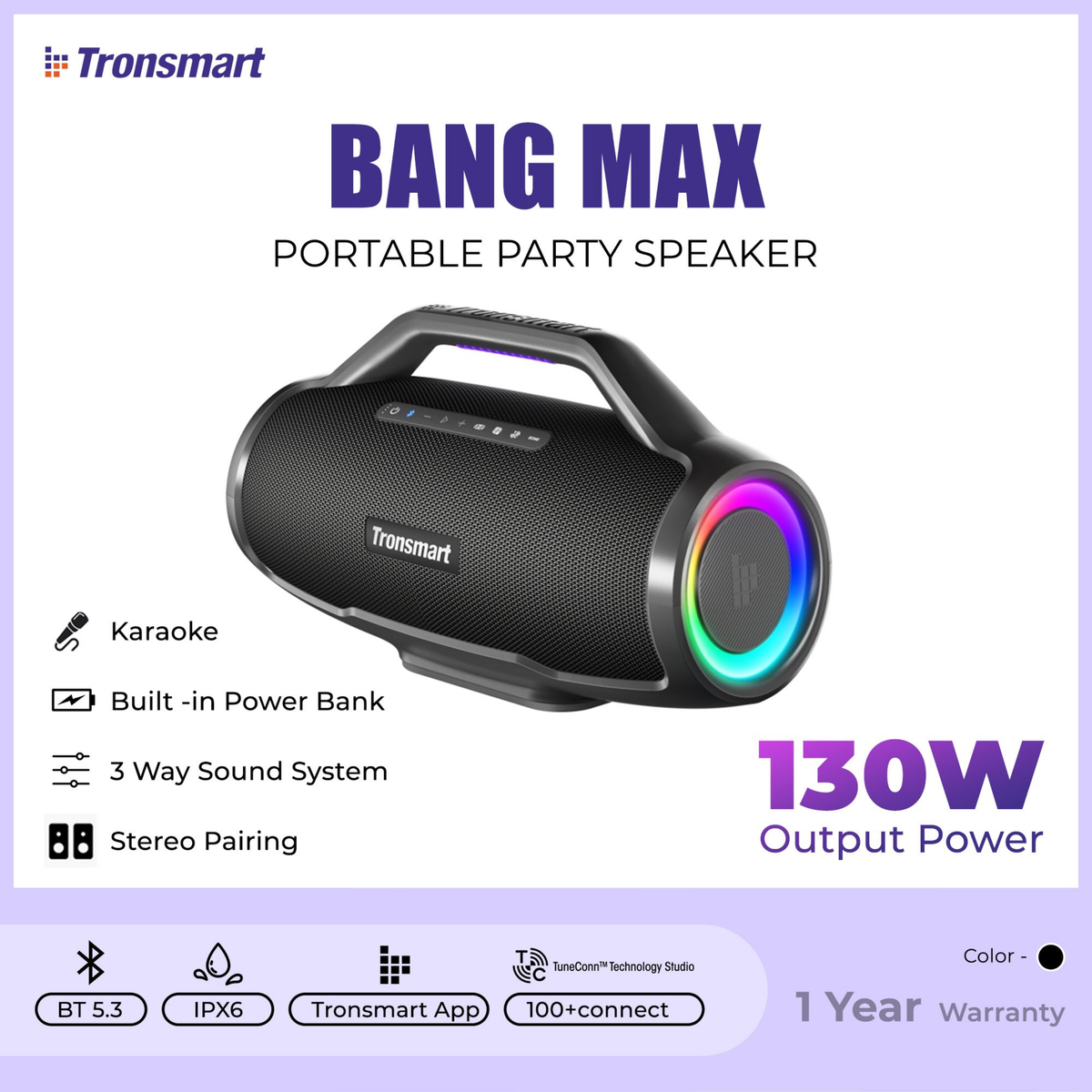 TRONSMART Bang Max 130W Portable Wireless Bluetooth Outdoor Speaker - Black