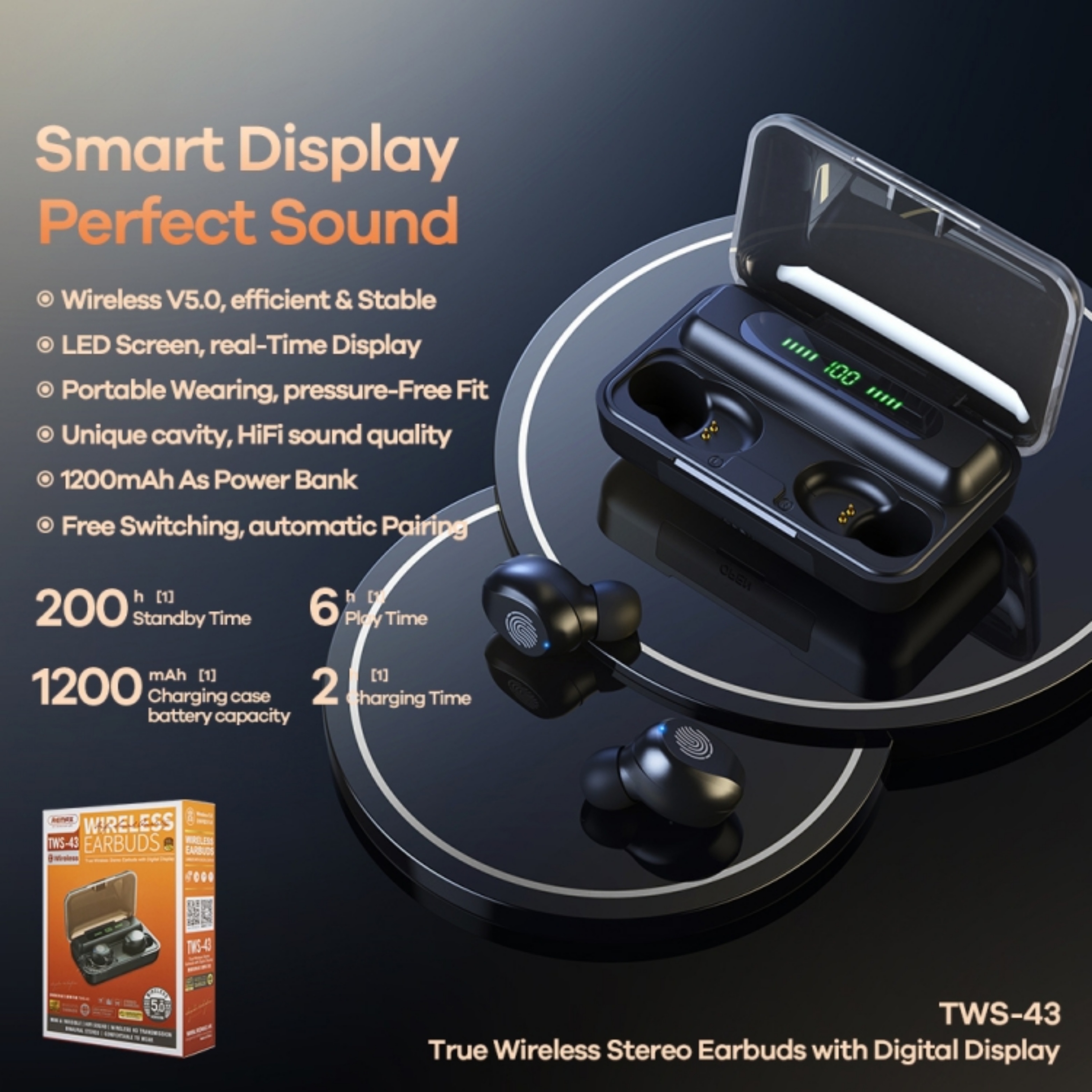 REMAX TWS-43 Wireless Bluetooth Earbuds - Black