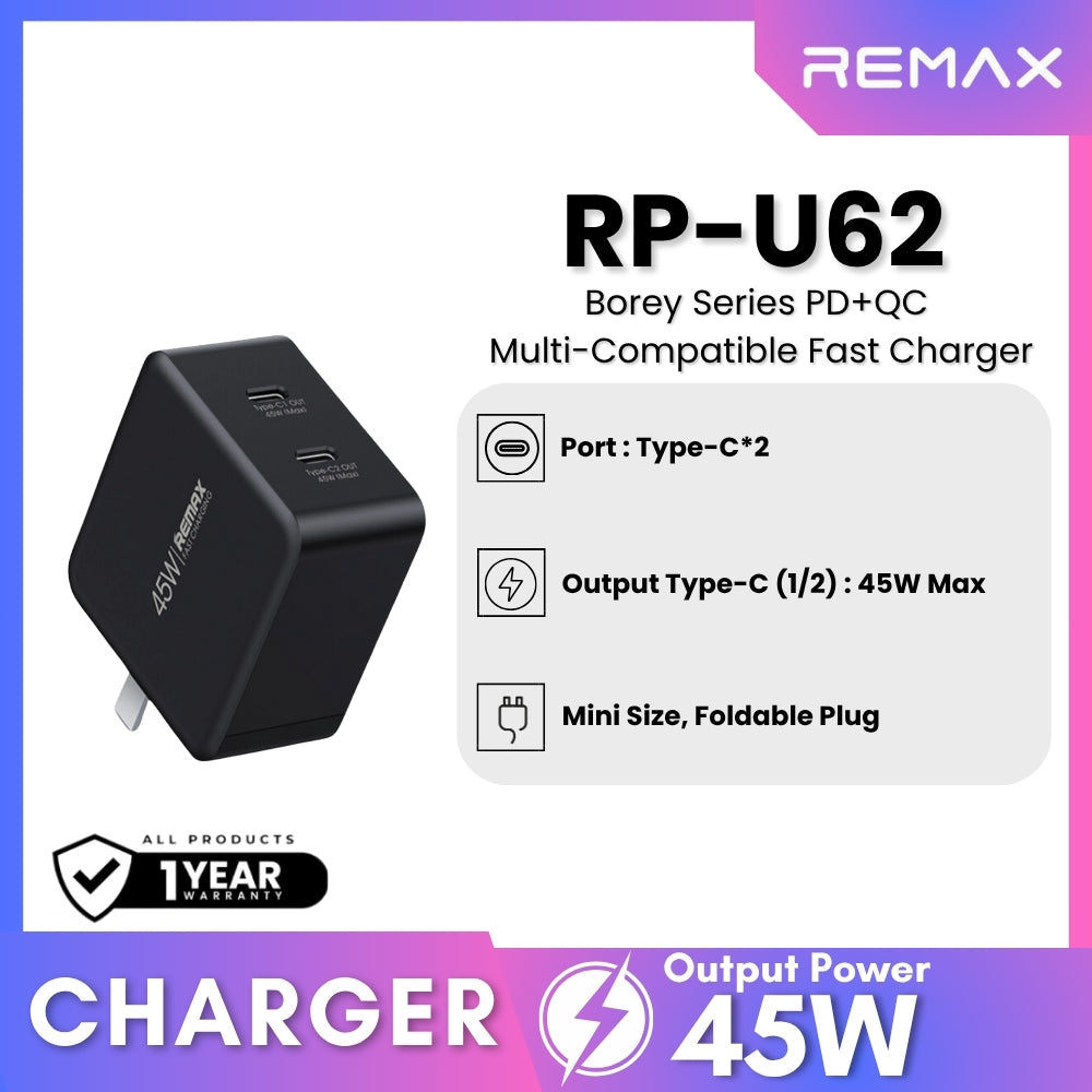 REMAX - RP-U62 Borey Series PD+QC Multi-Compatible Fast Charger (45W) - Black
