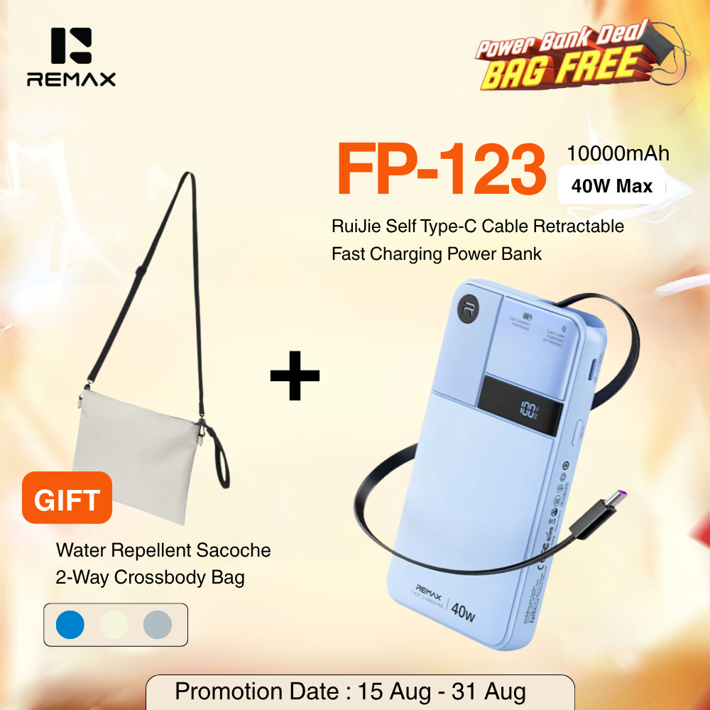 REMAX - FP-123 10000mAh RuiJie 40W Self Type-C Cable Retractable Fast Charging Power Bank - Blue