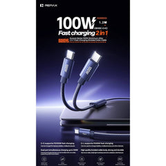 REMAX - CB33 C-C+C Okula 100W One-Two Fast Charging Data Cable (Type-C 100W ) - Blue