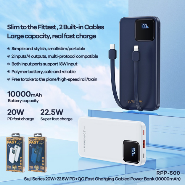 REMAX RPP-500 Suji Series 10000mAh PD+QC Fast Charging Power Bank(PD 20W+QC 22.5W) - Blue