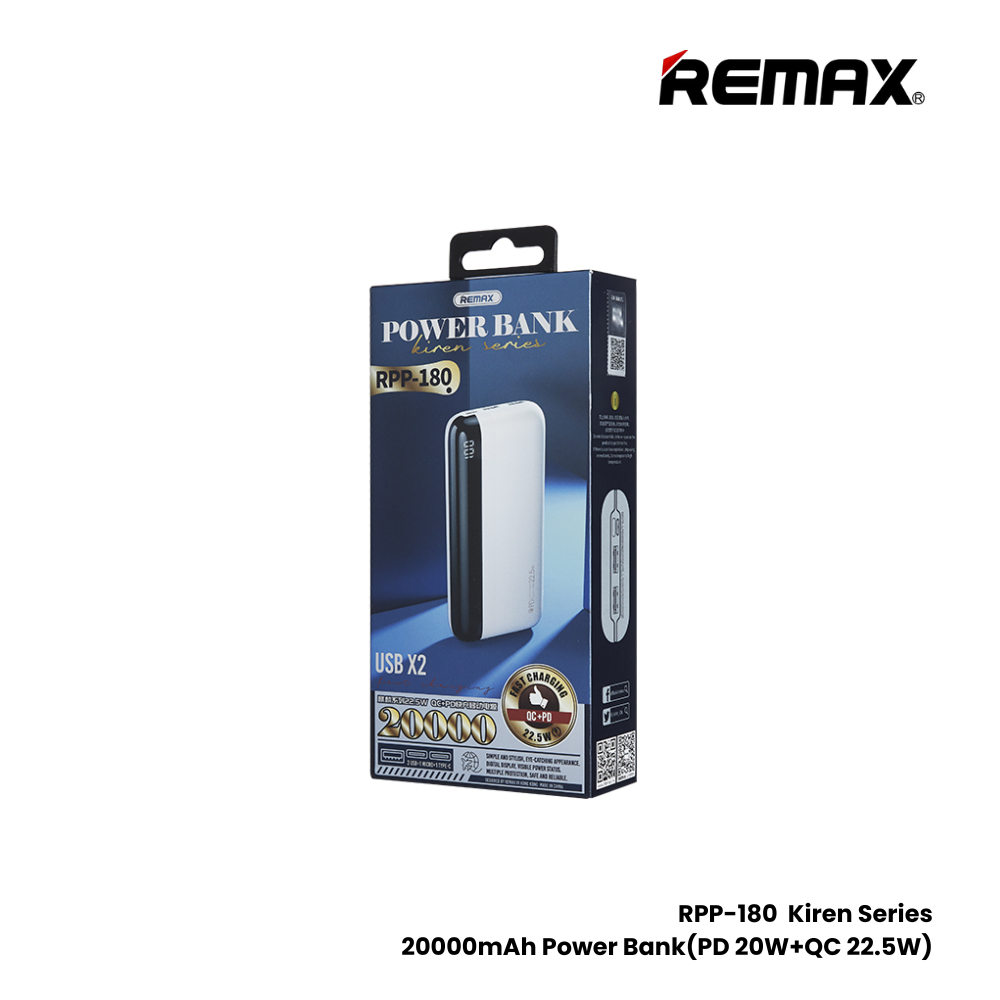 REMAX RPP-180 Kiren Series 20000mAh PD+QC Fast Charging Power Bank(PD 20W+QC 22.5W) - White