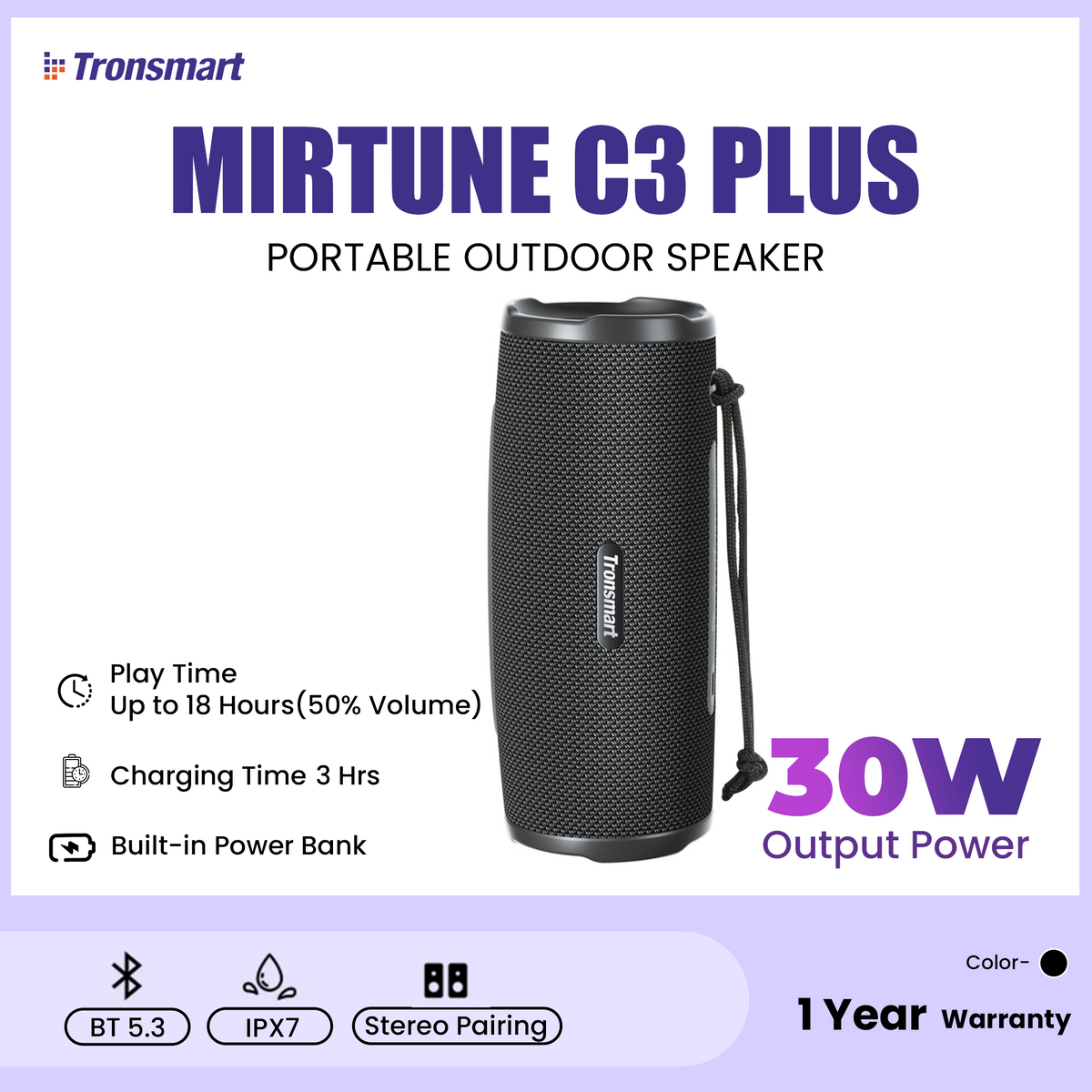 TRONSMART - Mirtune C3 Plus 30W Portable Outdoor Speaker - Black