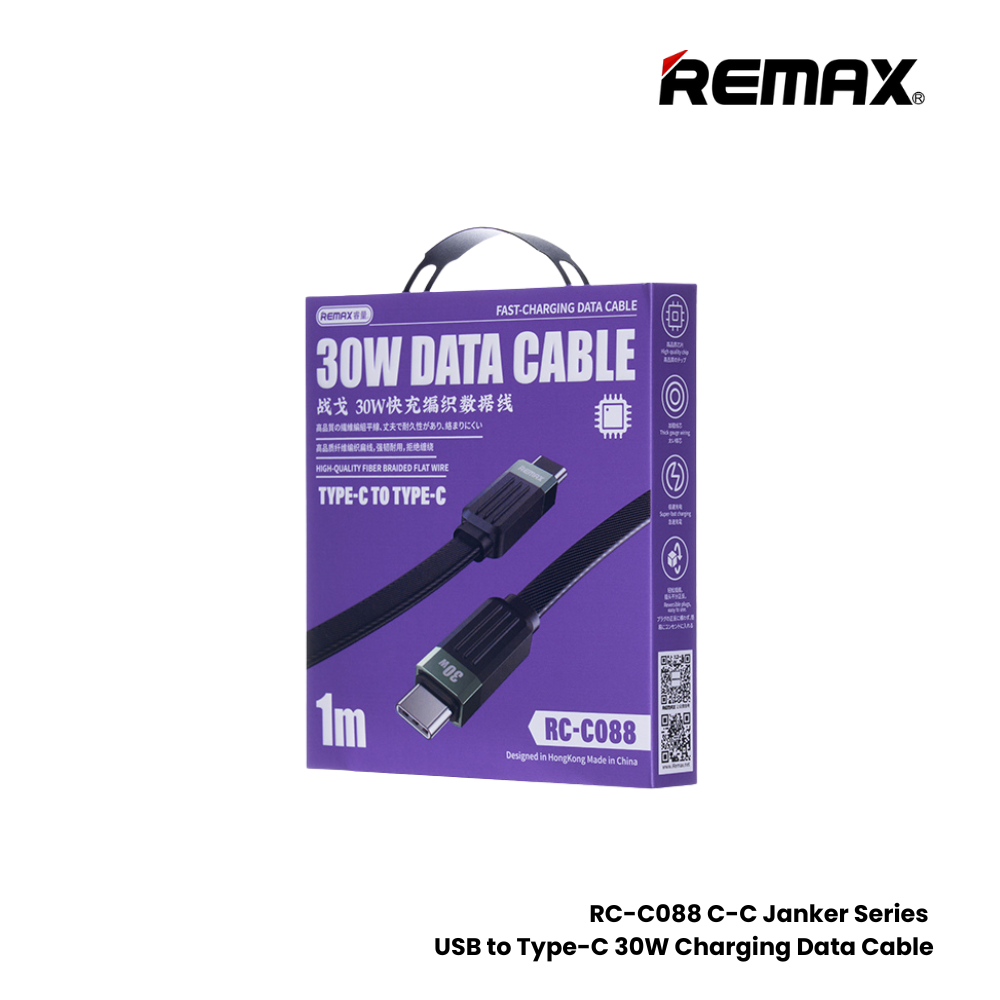 30W ( C to C )-REMAX RC-C088 C-C Janker Series 30W Type-C to Type-C Fast Charging Data Cable - Black