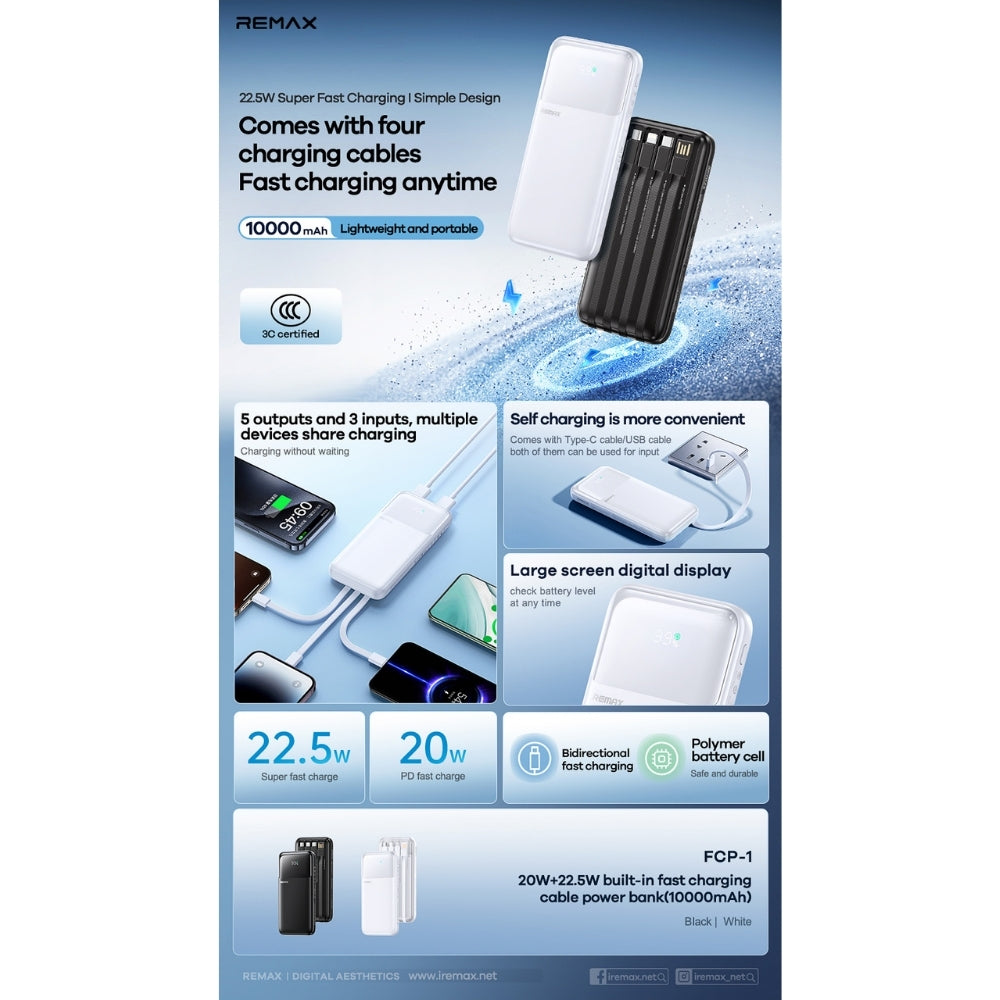 REMAX - FCP-1 10000mAh Built-In Cabled Fast Charging Power Bank ( PD20W + QC22.5W ) - White