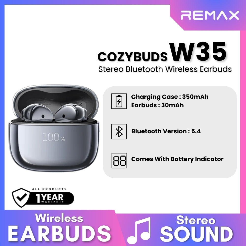 REMAX - COZYBUDS W35 Stereo Bluetooth Wireless Earbuds - Black