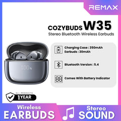 REMAX - COZYBUDS W35 Stereo Bluetooth Wireless Earbuds - Black