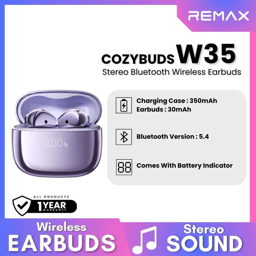 REMAX - COZYBUDS W35 Stereo Bluetooth Wireless Earbuds -  Purple