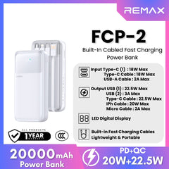REMAX - FCP-2 20000mAh Built-In Cabled Fast Charging Power Bank ( PD20W + QC22.5W ) - White