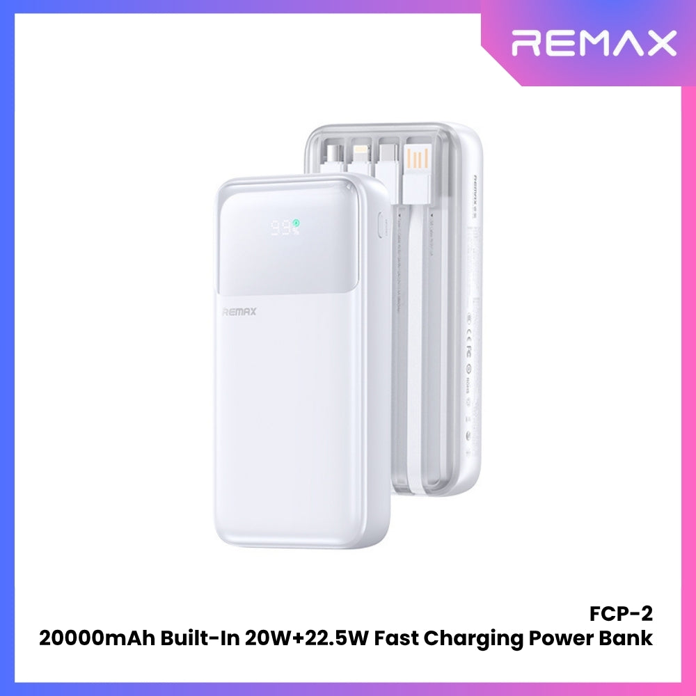 REMAX - FCP-2 20000mAh Built-In Cabled Fast Charging Power Bank ( PD20W + QC22.5W ) - White