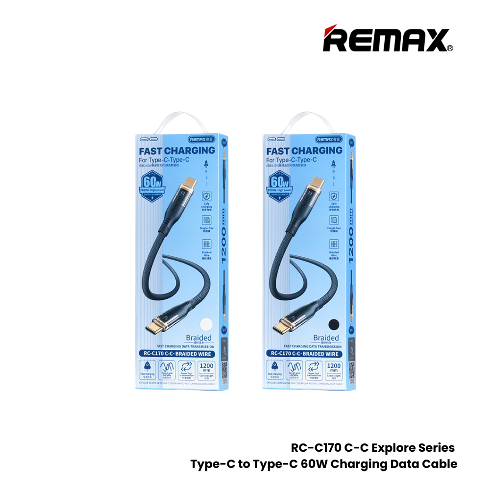 60W ( C to C )-REMAX RC-C170 C-C Explore Series 60W Type-C to Type-C Fast Charging Data Cable - White