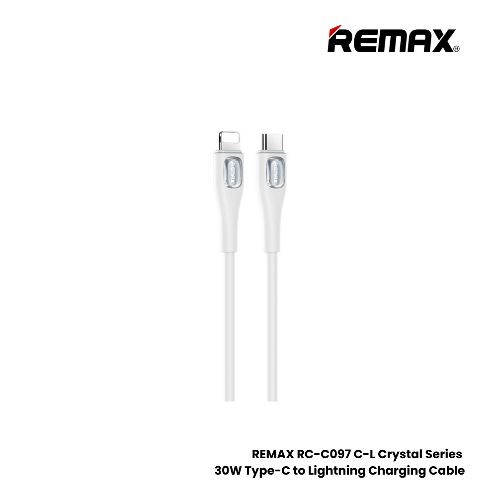 30W ( C to Lightning )-REMAX RC-C097 C-L Crystal Series 30W Type-C to Lightning Fast Charging Data Cable - White