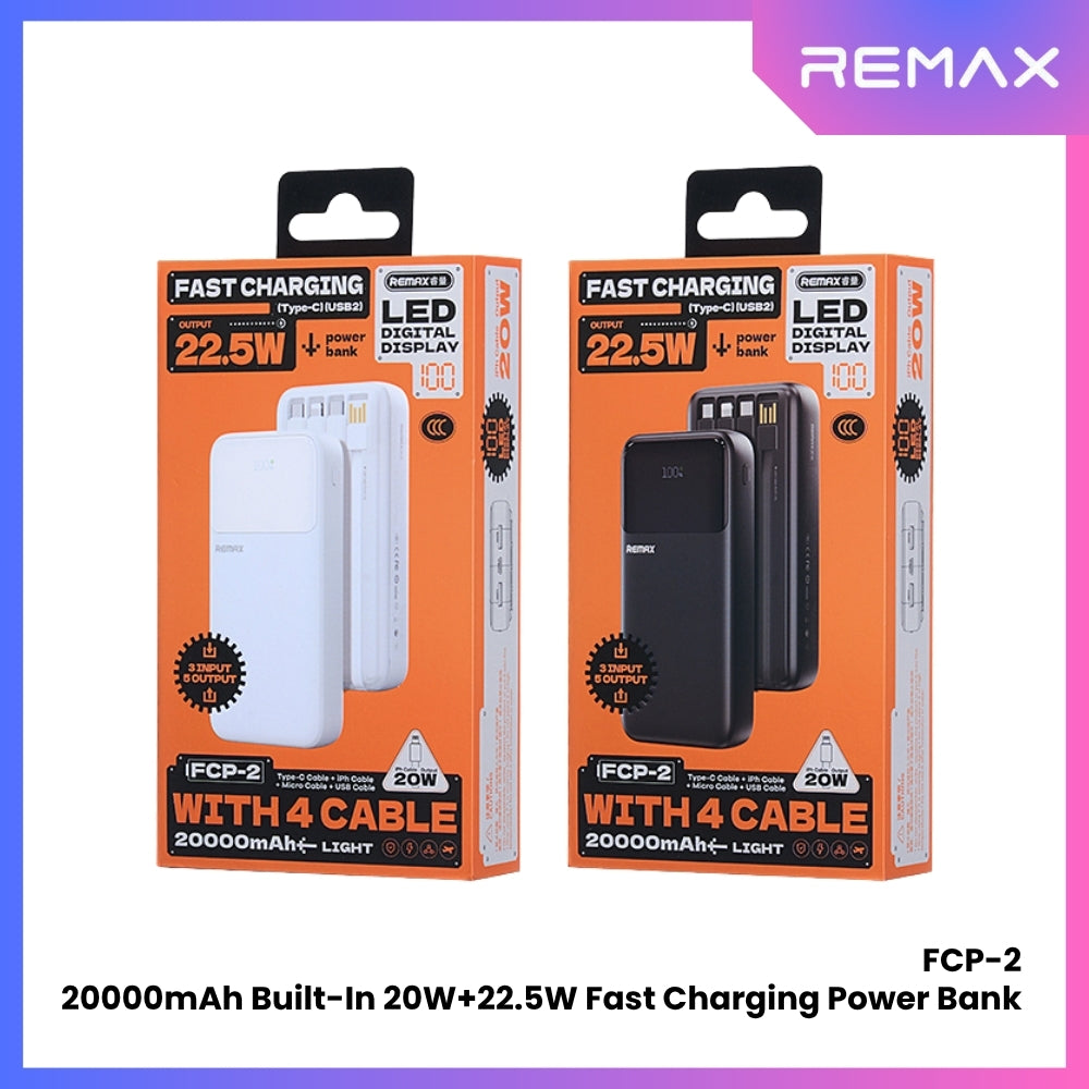 REMAX - FCP-2 20000mAh Built-In Cabled Fast Charging Power Bank ( PD20W + QC22.5W ) - White