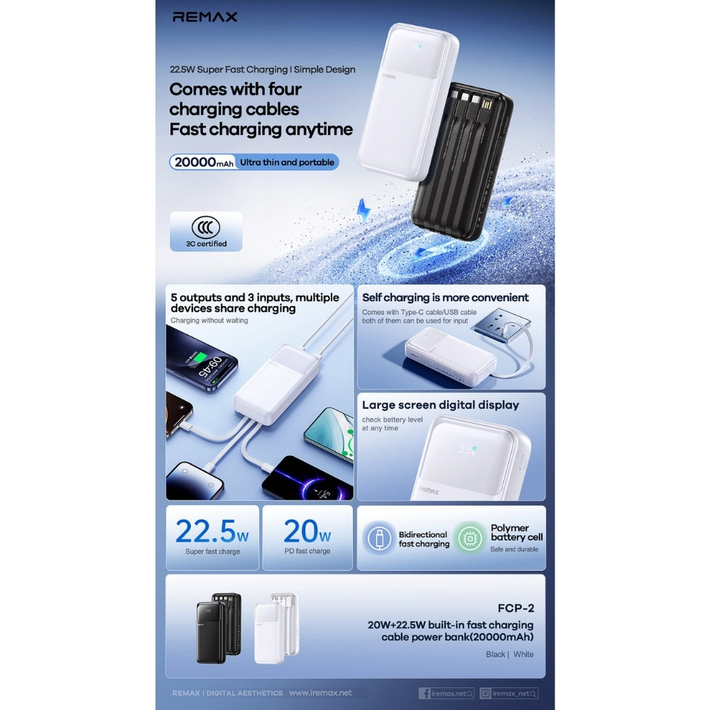 REMAX - FCP-2 20000mAh Built-In Cabled Fast Charging Power Bank ( PD20W + QC22.5W ) - White