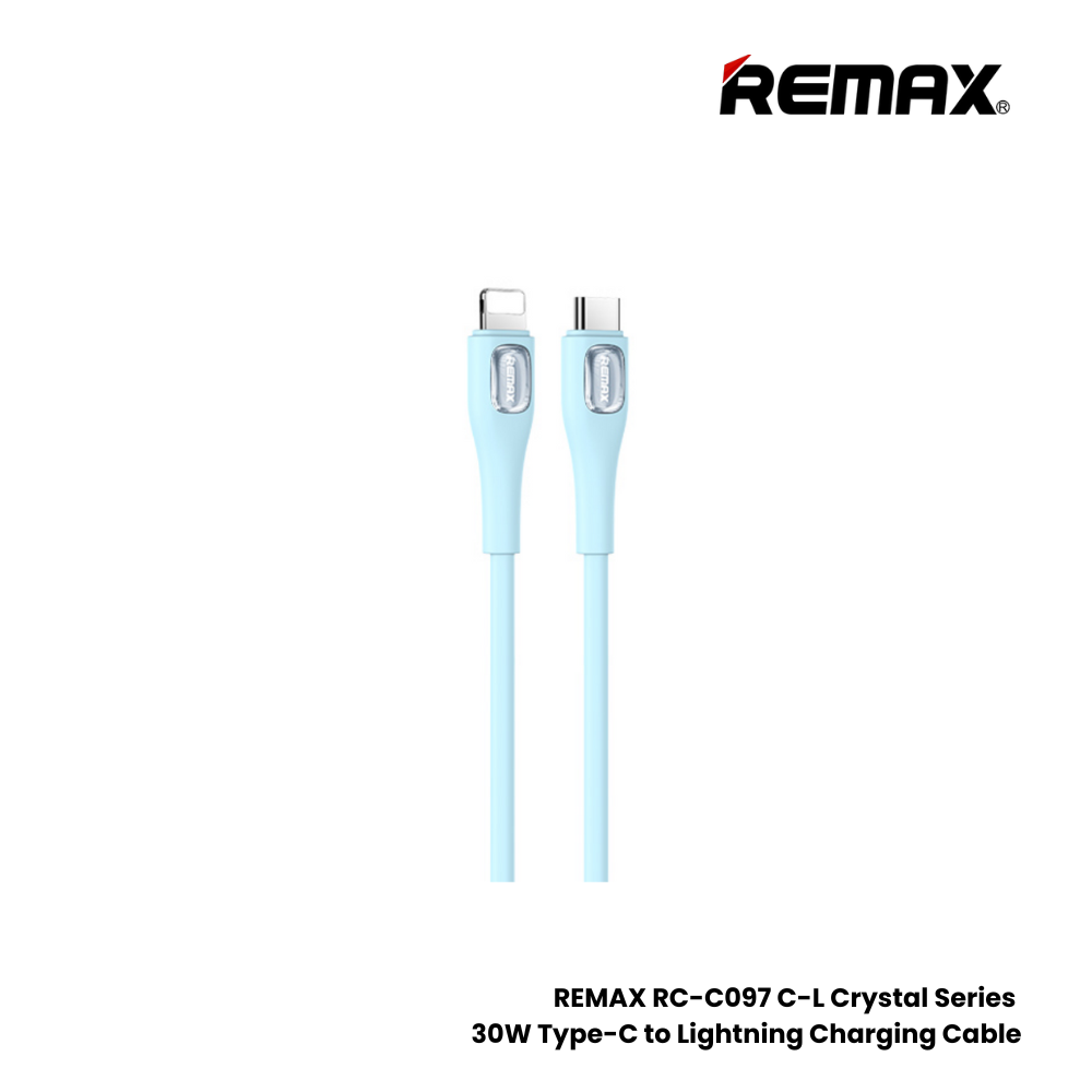 30W ( C to Lightning )-REMAX RC-C097 C-L Crystal Series 30W Type-C to Lightning Fast Charging Data Cable - Blue