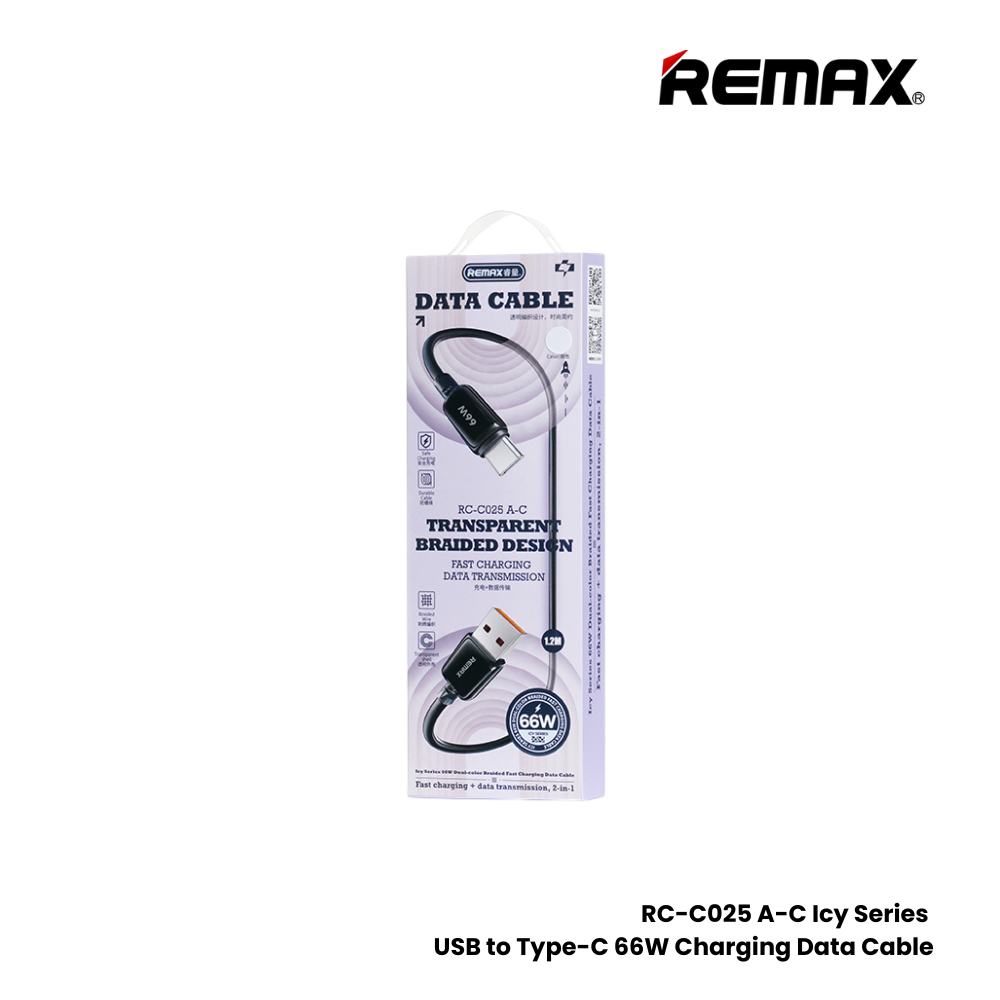 66W ( Type-C )-REMAX RC-C025 A-C Icy Series 66W USB to Type-C Fast Charging Data Cable - White