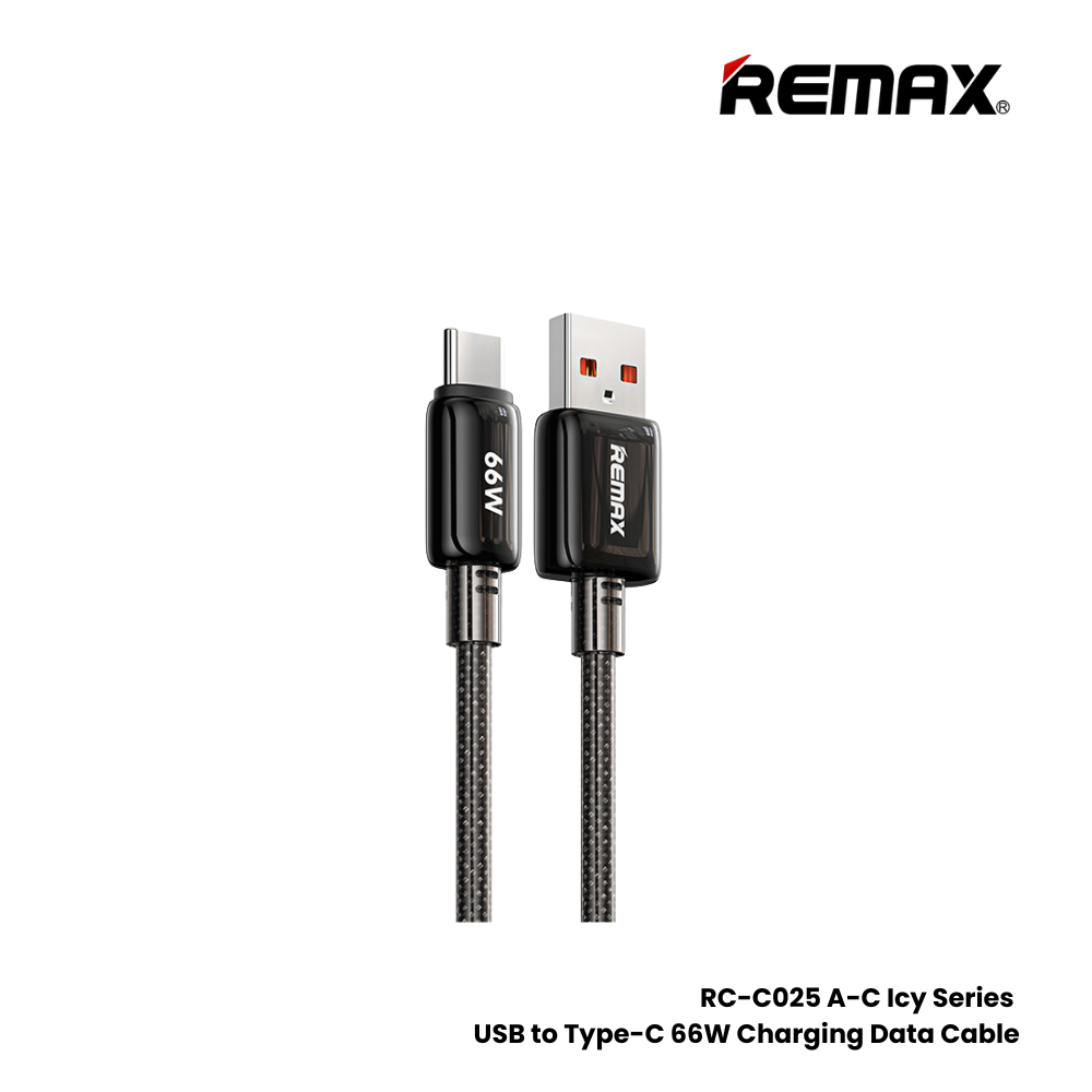 66W ( Type-C )-REMAX RC-C025 A-C Icy Series 66W USB to Type-C Fast Charging Data Cable - Black