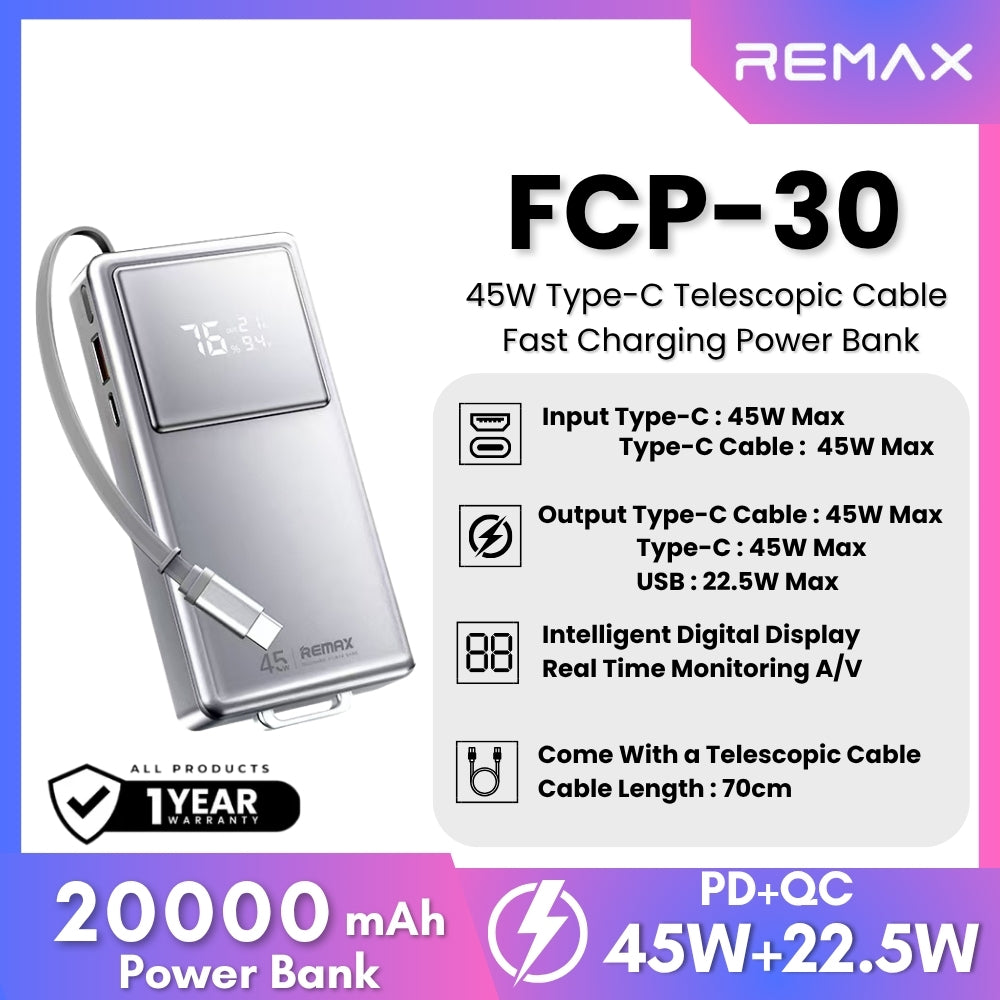 REMAX - FCP-30 20000mAh Type-C Scalable Cable Fast Charging Cabled Power Bank ( PD45W ) - Silver