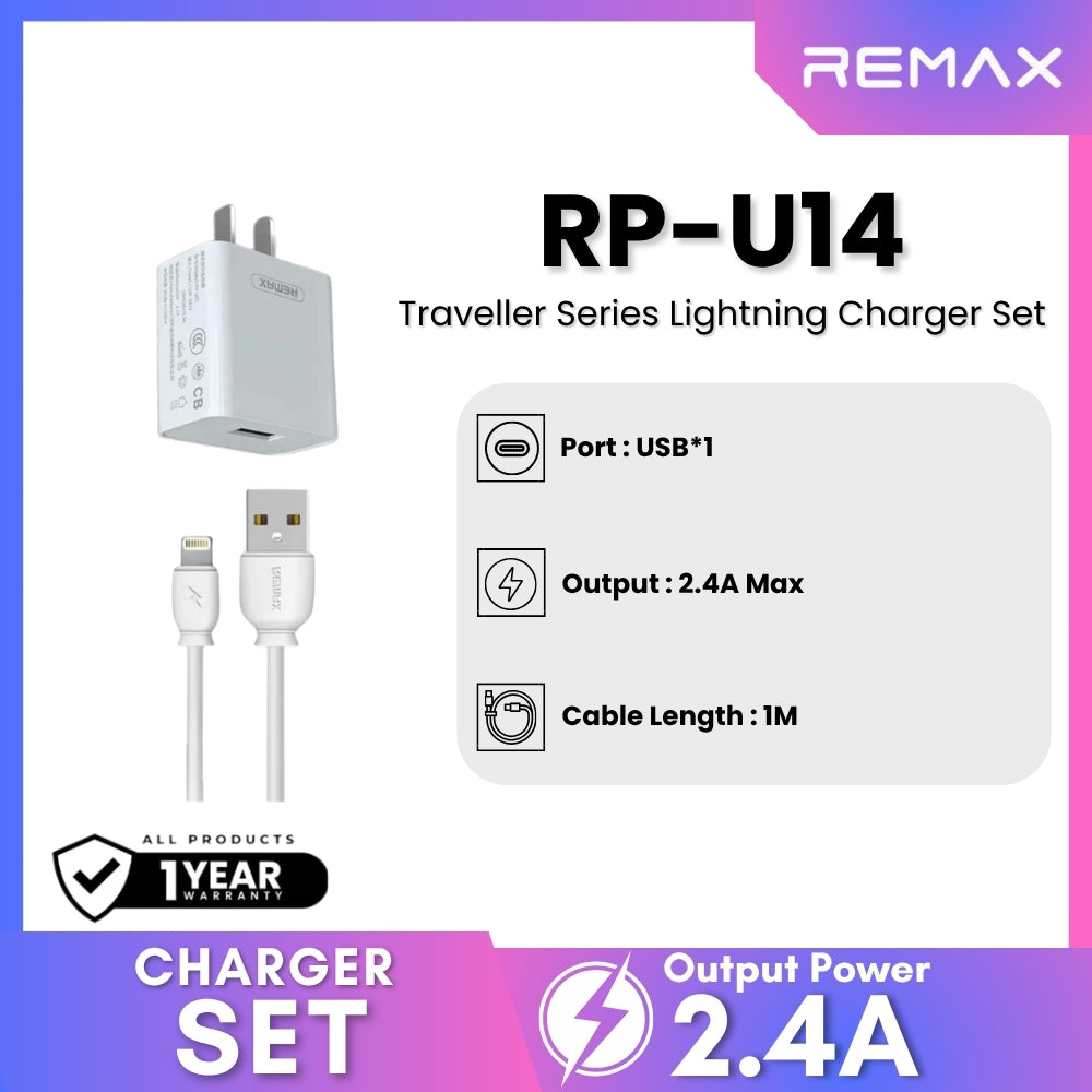 REMAX RP-U14 Traveller Series 2.4A Lightning Charger Set (1 USB) - White