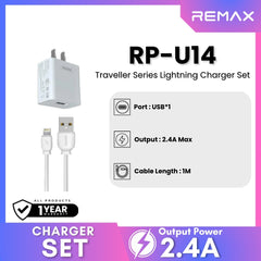 REMAX RP-U14 Traveller Series 2.4A Lightning Charger Set (1 USB) - White