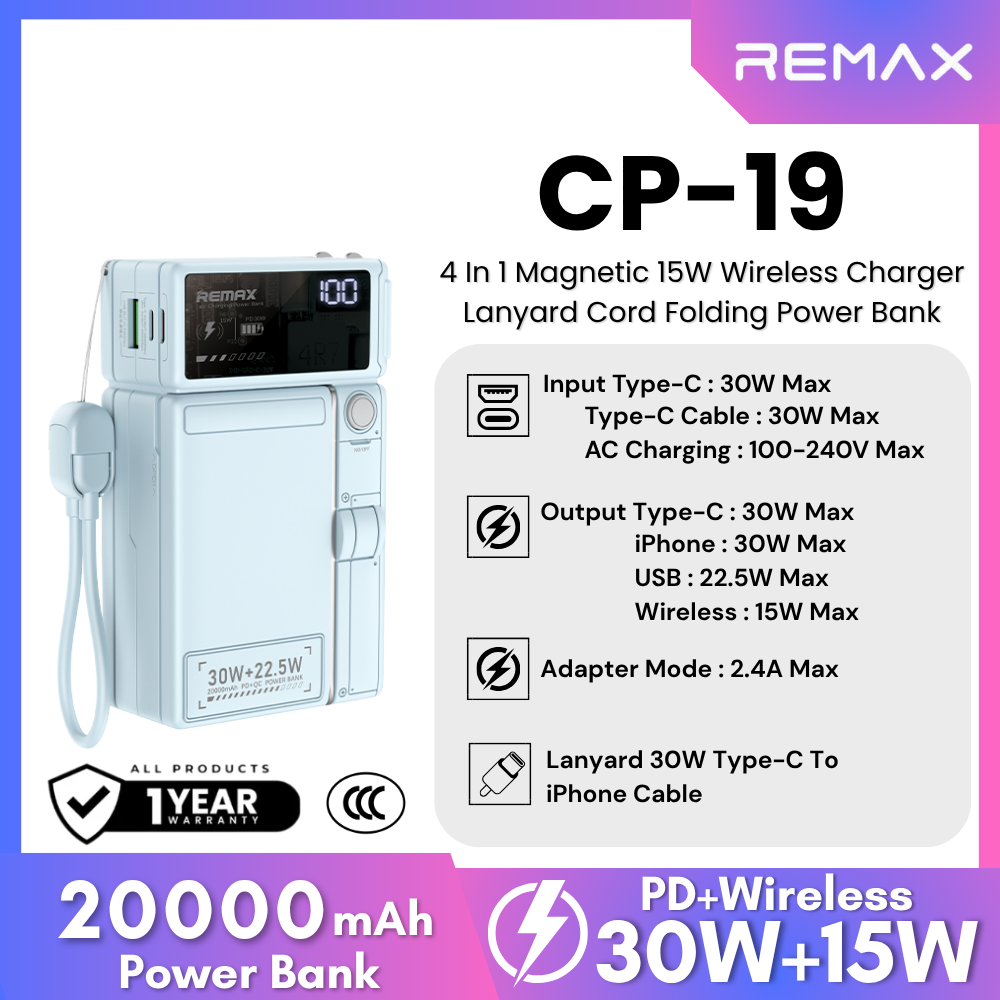 REMAX - CP-19 20000mAh 4 In 1 Magsafe AC Plug Fast Charging Power Bank ( PD30W+Magsafe 15W) - Blue