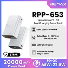 REMAX RPP-653 Upine Series 20000mAh PD+QC Fast Charging Power Bank(PD 65W+QC 22.5W) - White