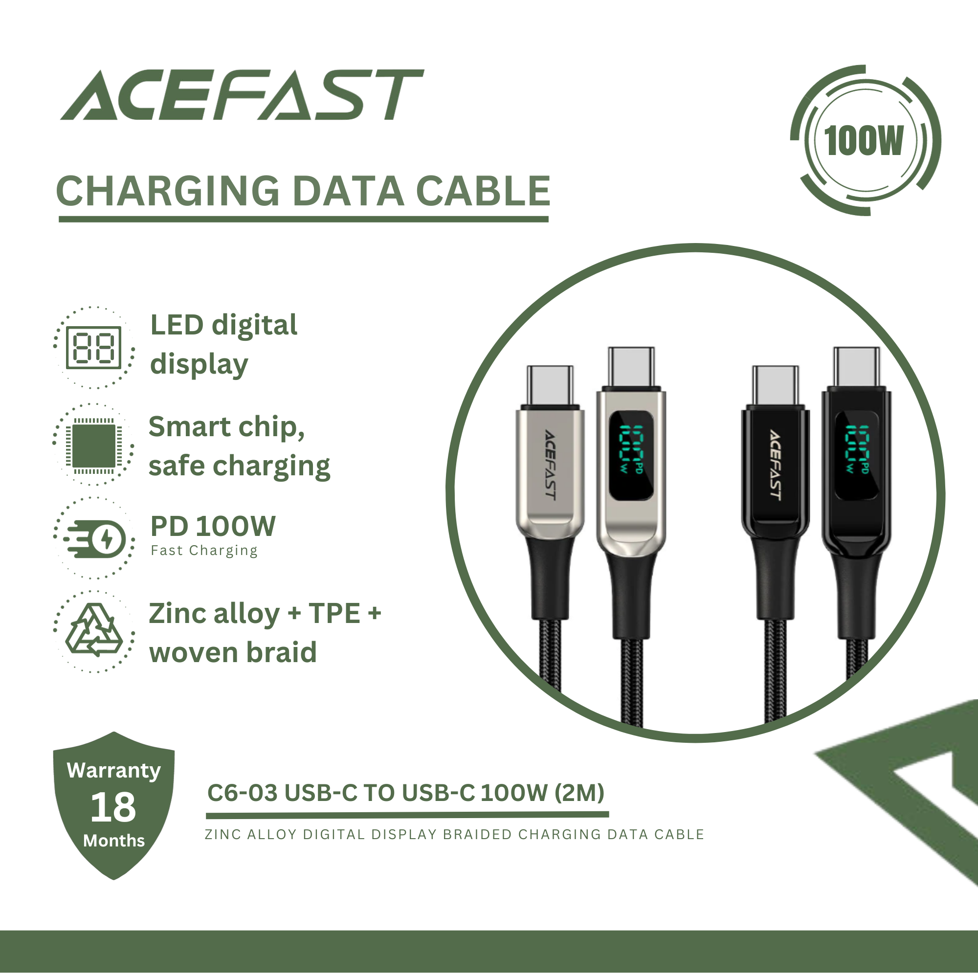 ACEFAST C6-03 USB-C TO USB-C 100W ZINC ALLOY DIGITAL DISPLAY BRAIDED CHARGING DATA CABLE (2M) - BLACK