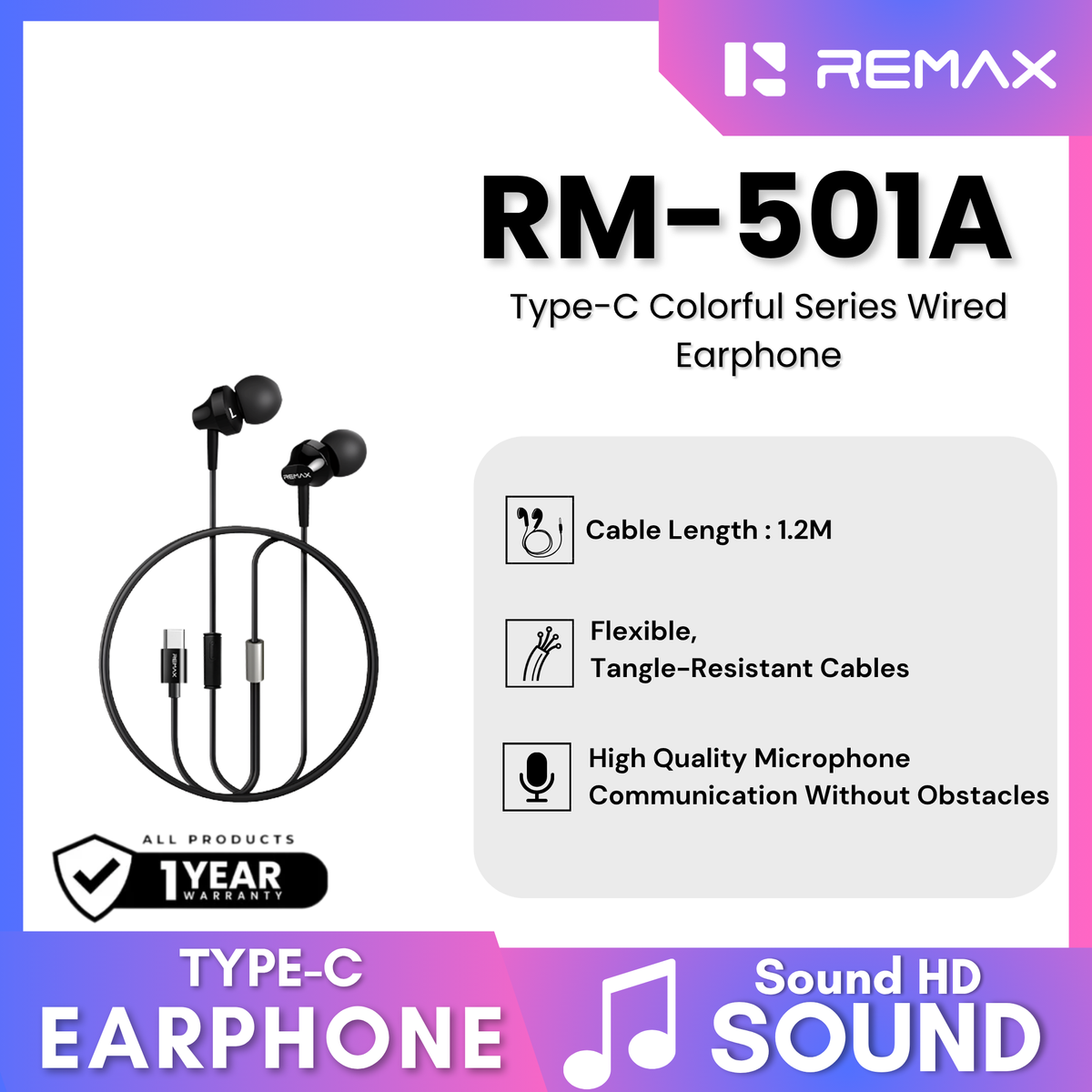 REMAX - RM-501A Type-C Wired Earphone - Black