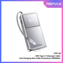 REMAX - FCP-30 20000mAh Type-C Scalable Cable Fast Charging Cabled Power Bank ( PD45W ) - Silver